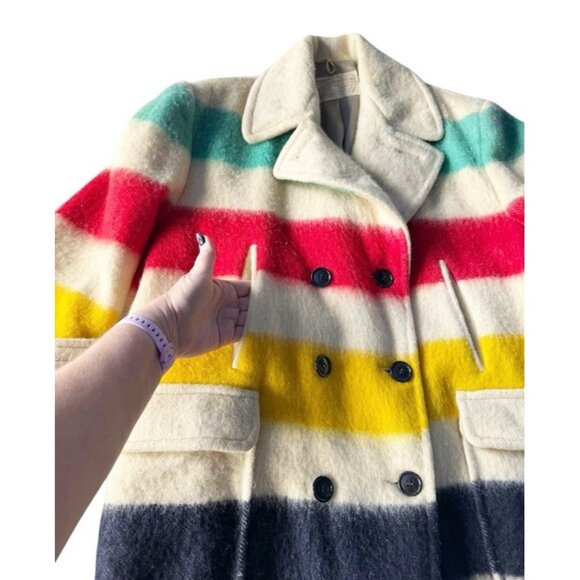 VTG 60s Hudsons Bay Wool Striped Point Button Up Belted Blanket Coat Men’s Sz XL - Picture 7 of 16